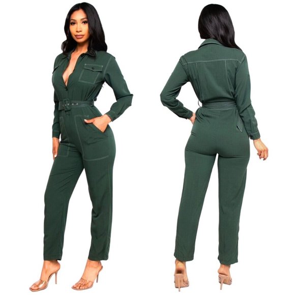 Reset By Jane Pants - Women's Small Green Long Sleeve Button Front Pant Jumpsuit Belted Pockets Sexy